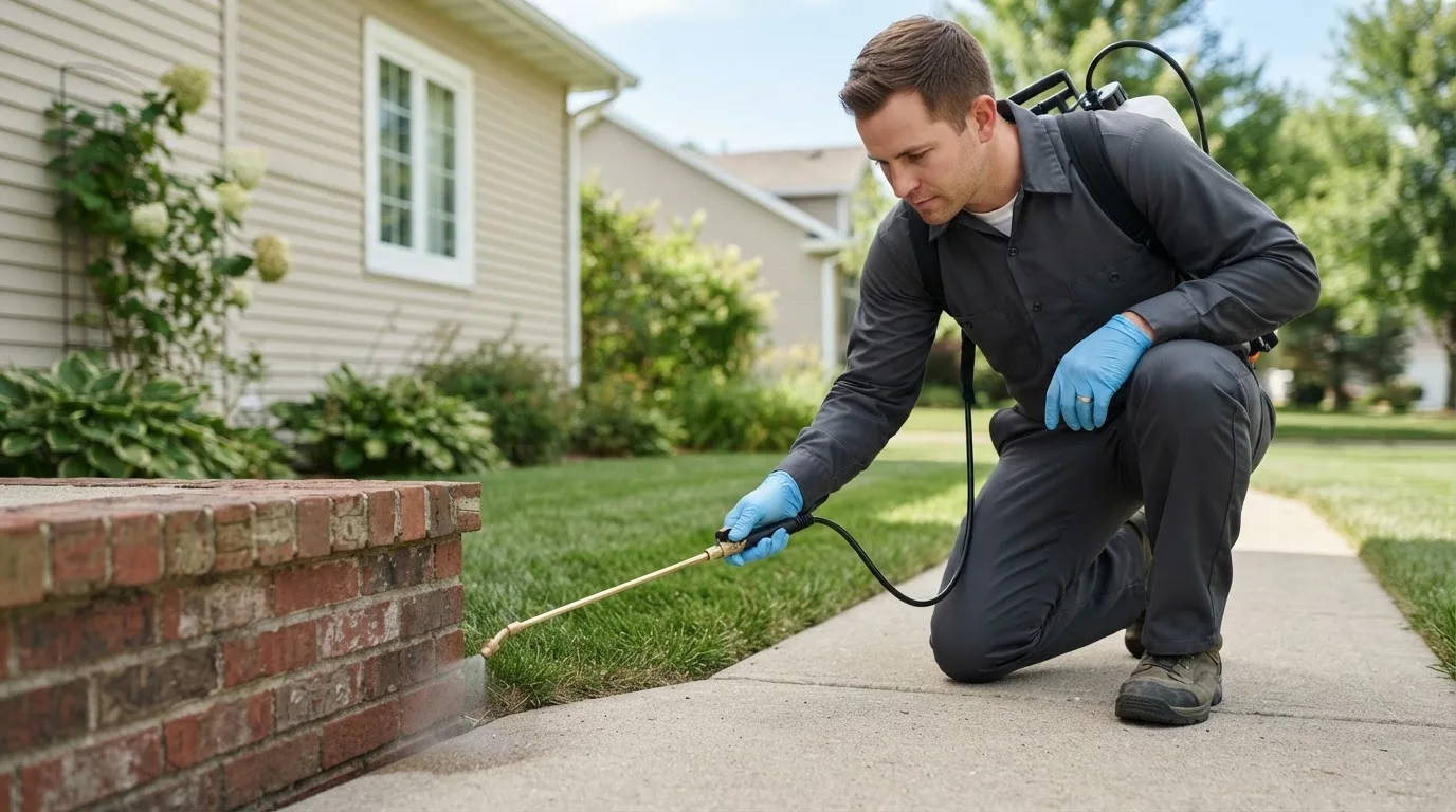 Pest control technician treating a home near Banks, AR