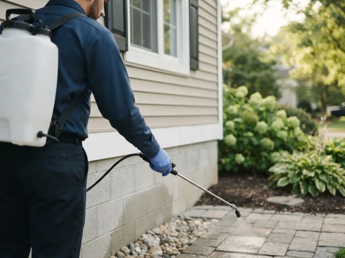 Pest control technician inspecting a home in Banks, AR